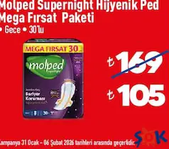 MOLPED SÜPERNİGHT HİJYENİK PED GECE 30'LU fiyat ve kampanya bilgisi